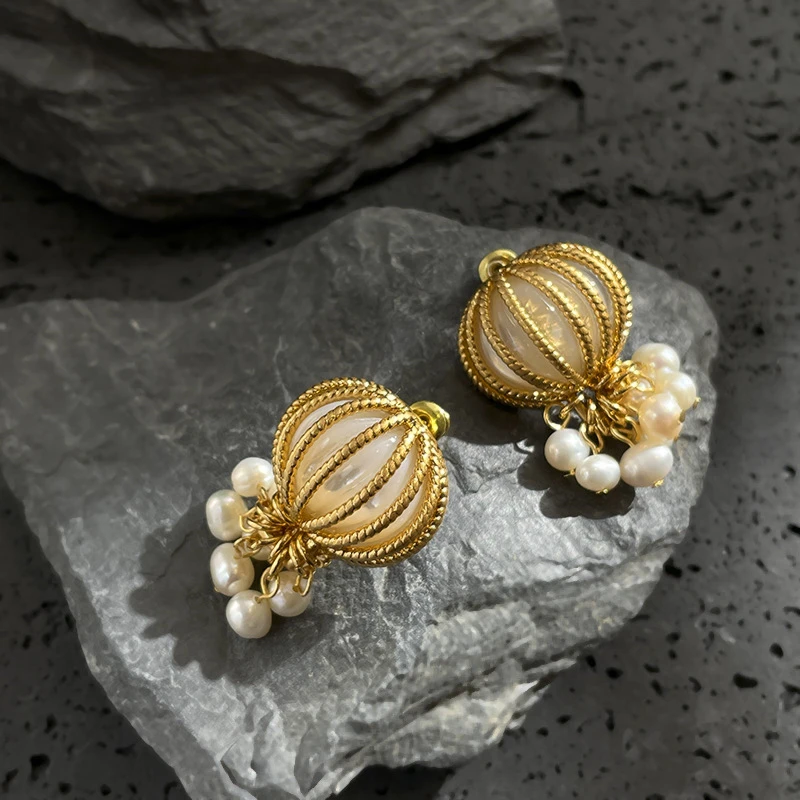 黄铜耳饰 法式复古镂空镶嵌热气球造型吊坠耳环