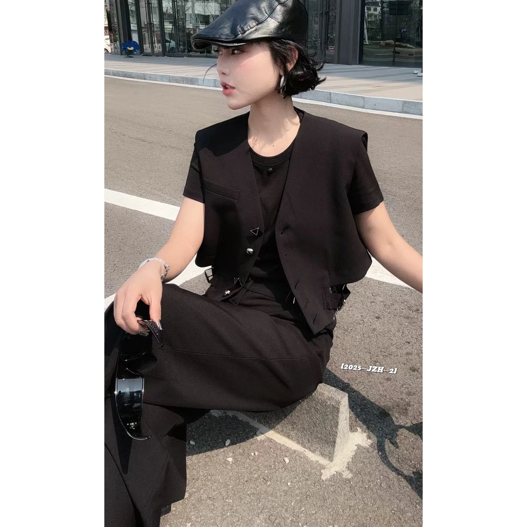 KiKi严选：3665-XXQ家欧货南夏季轻奢条纹下摆拼蕾丝小众马甲外套