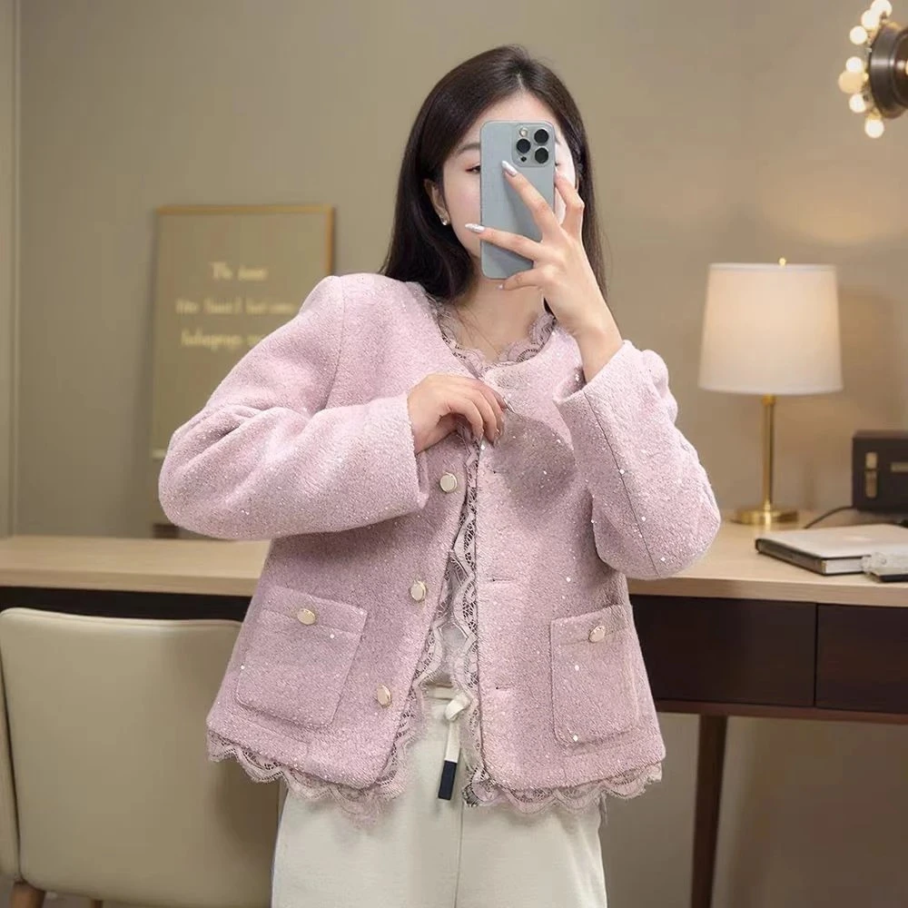 2024年新冬季款季新款羽绒服人鱼亮片小香风外套气质粗花呢