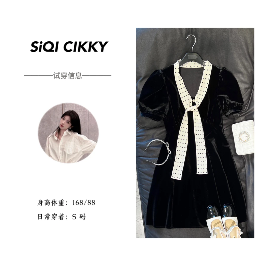 【Cikky定制】减龄少女风 收腰显瘦飘带黑丝绒连衣裙
