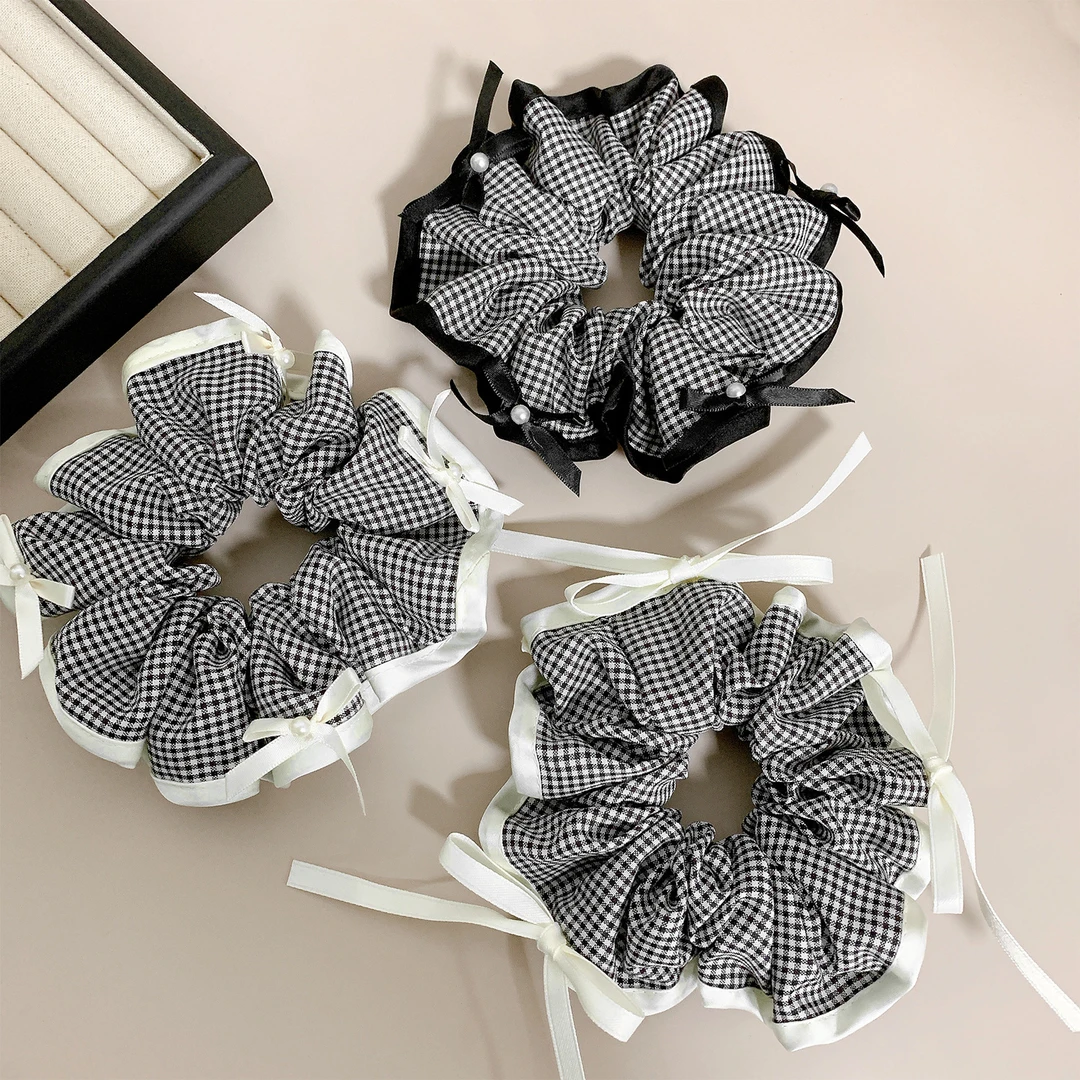 黑白格纹ins风大肠发圈甜美结少女风头绳公主高级丸子头发饰