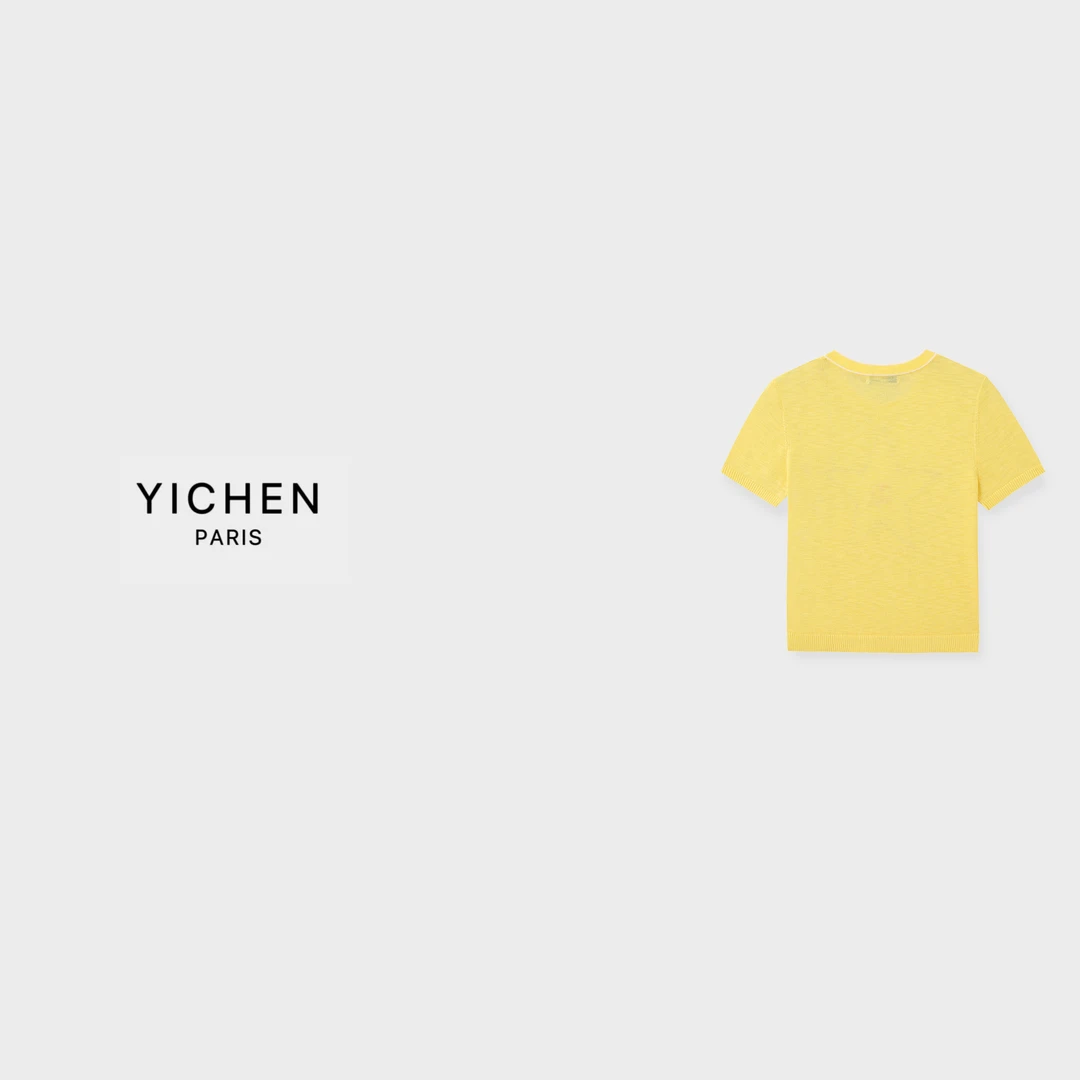 YC 定染芒果色五芒星刺绣圆领肌理感针织短袖-6288