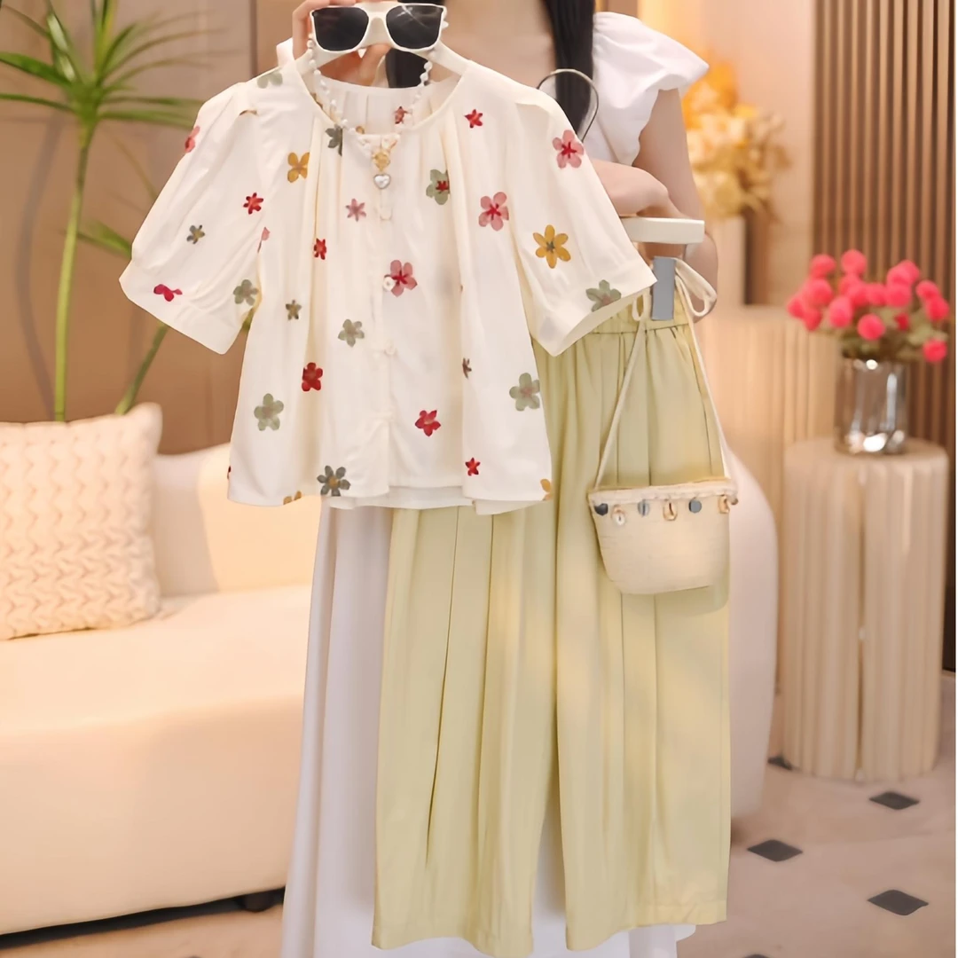 女童夏装2025新款洋气设计款立体花朵短袖上衣韩版宽松休闲裤套装