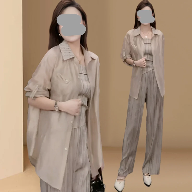 夏季搭配一整套装女时尚开叉防晒衬衫吊带阔腿裤高级感轻熟三件套