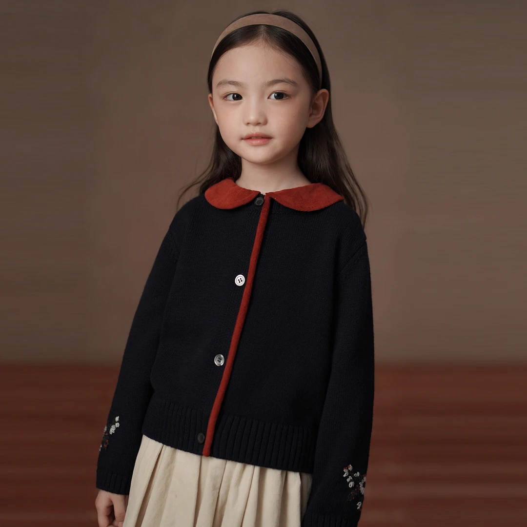 哈齿童装秋冬儿童毛衣藏青色重工绣花针织开衫女童毛线外套高级感