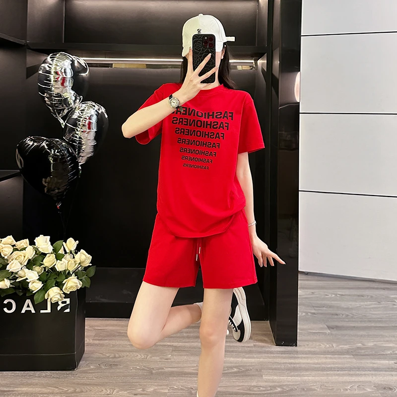 时尚潮流2025夏季新款红色减龄短袖上衣短裤韩版休闲运动套装女