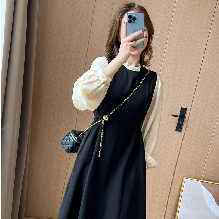 （现货）胖妹妹复古黑色假两件长袖连衣裙法式遮肉显瘦打底裙1369