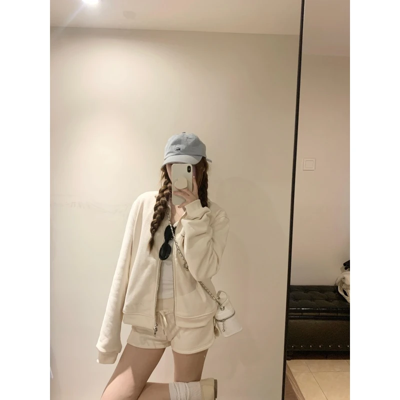 时尚套装高级感休闲短款卫衣夹克外套秋季高腰气质白色短裤两件套