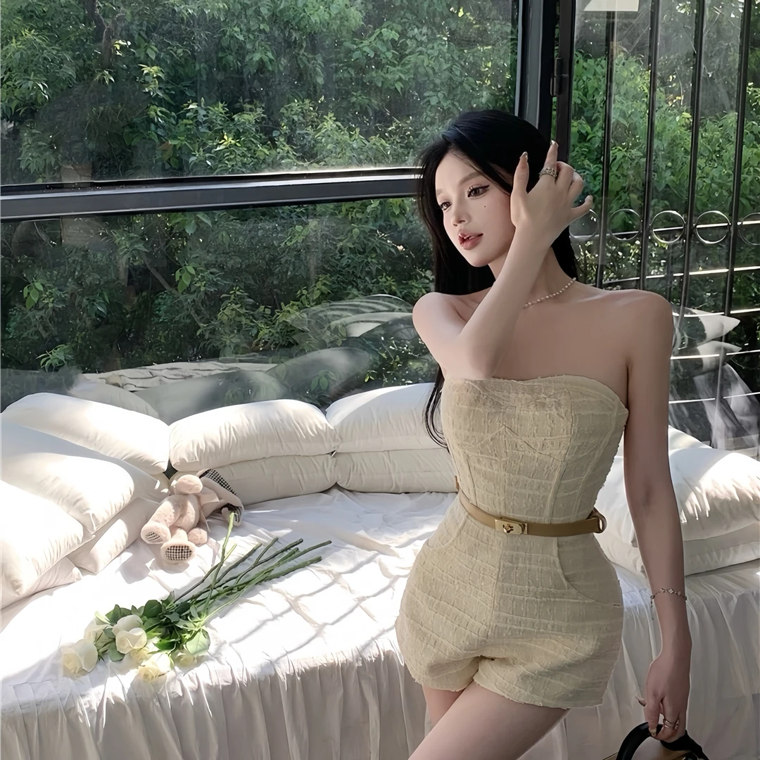 【奶油泡芙】小香风锁骨一字肩高级感气质名媛抹胸连体裤有皮带