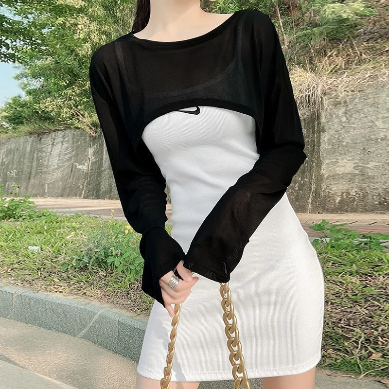 冰丝罩衫女夏吊带裙内搭打底薄款长袖超短款外搭辣妹网纱上衣