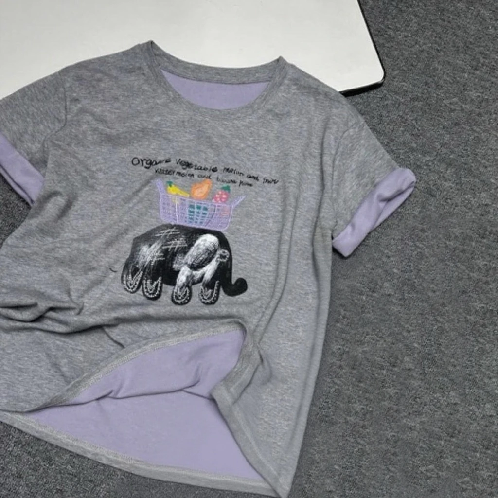 2025夏季新款时尚显瘦圆领卡通大象双面设计感女上衣-25240