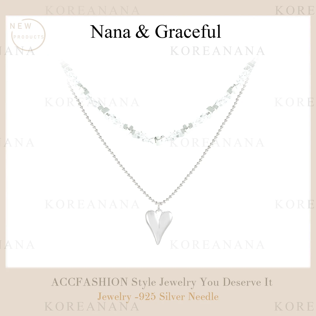 铜合金合成锆石项链 「白水双层碎冰冰爱心」轻奢双层爱心项链E223