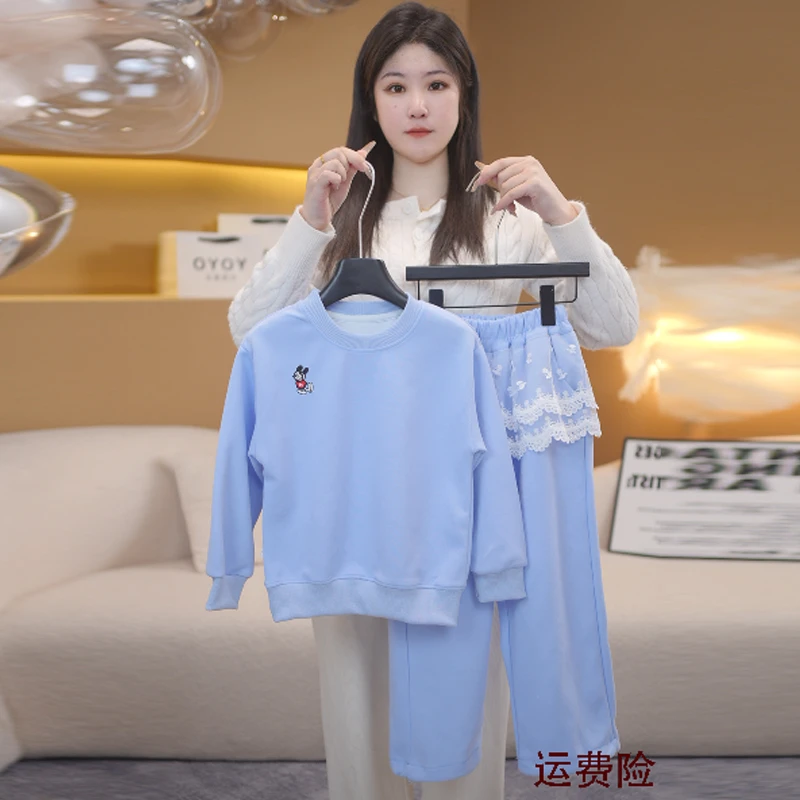 中大童休闲套装时尚小姐姐韩版休闲洋气女孩纯色运动卫衣套圆领