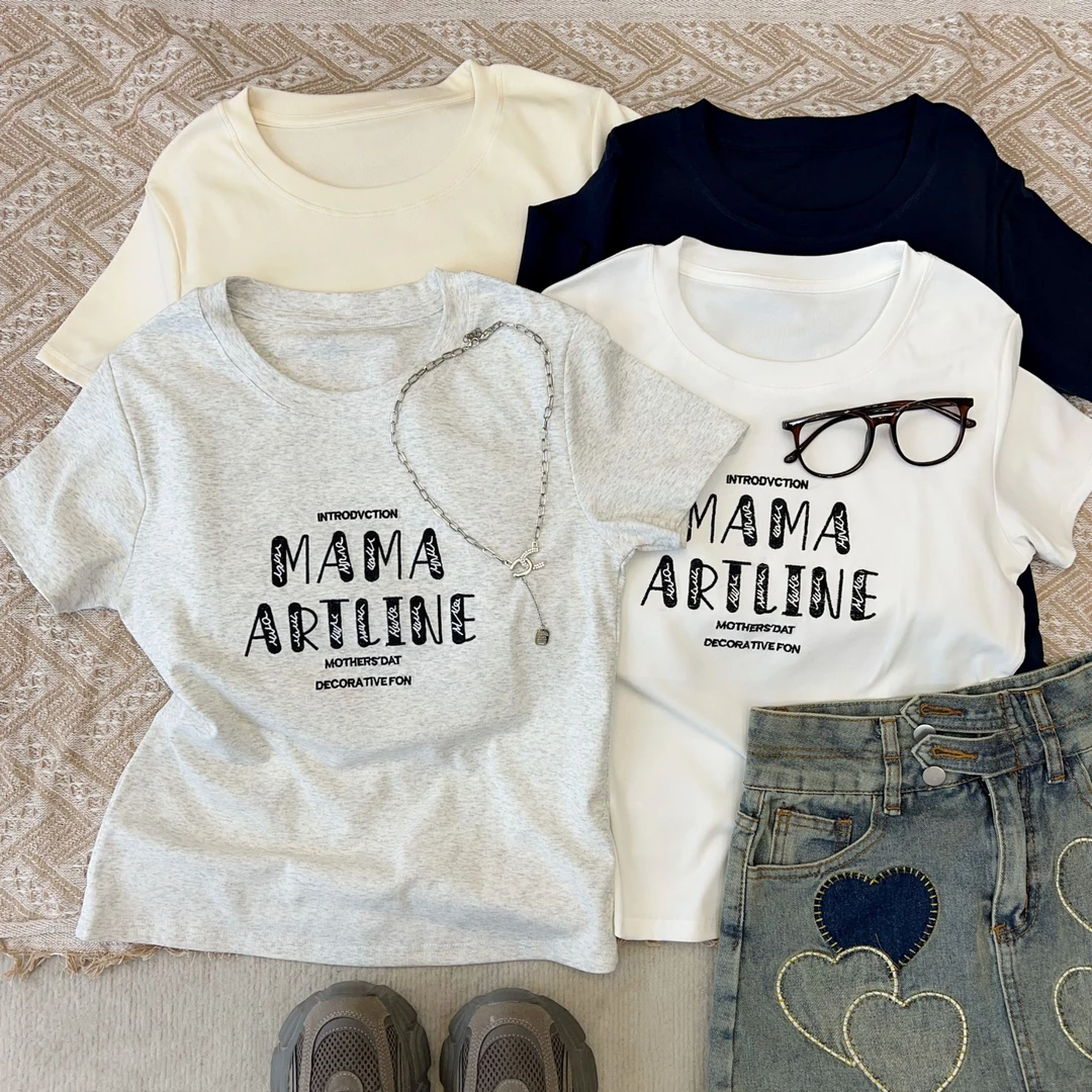 重工字母刺绣透气棉T恤圆领韩版新款短袖刺绣独特女上衣