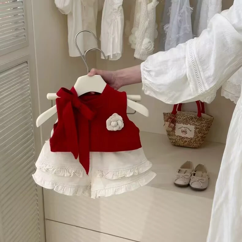 韩版女童夏装2025新款甜美洋气时髦红色蝴蝶结背心花边短裤两件套