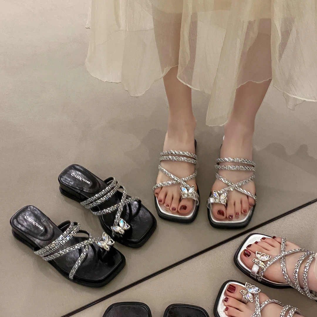 贾不假拖鞋女夏外穿2025新款绝美水钻仙女风配裙子坡跟韩系凉拖鞋
