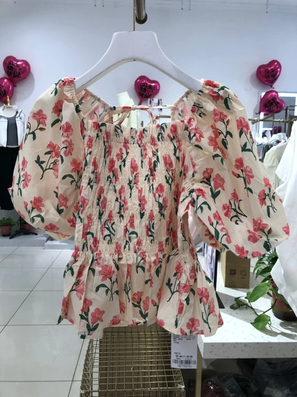 麦寻女装夏季小衫XSSFQ032时尚潮流修身碎花显瘦短款一字肩泡泡袖