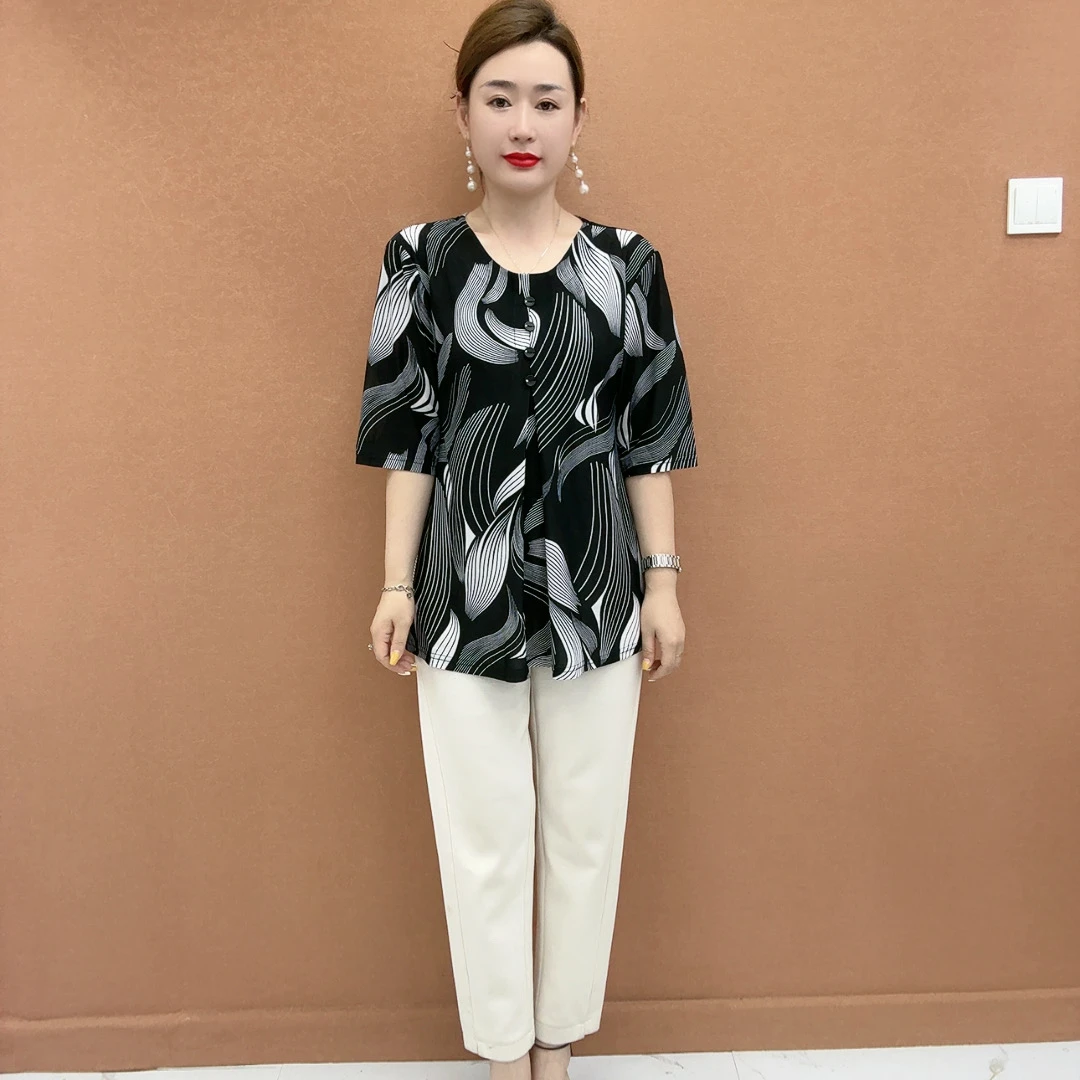 夏季新款妈妈装夏装时尚中袖T恤中老年大码女装宽松加肥加大短袖