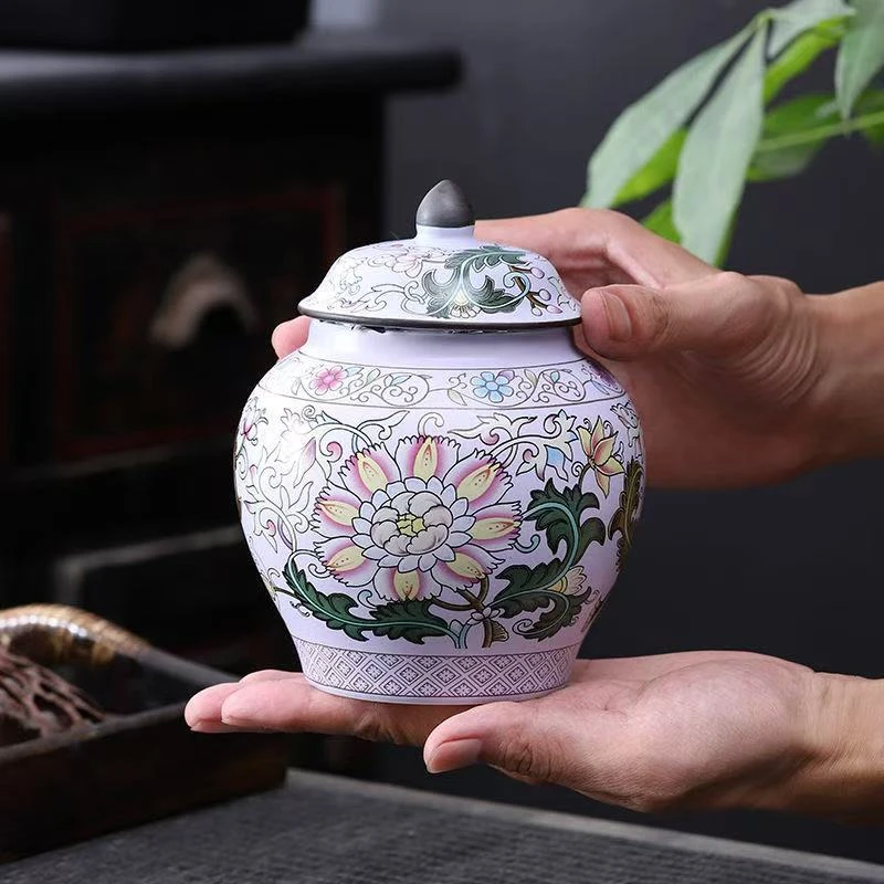 珐琅彩紫缠枝莲将军茶叶罐G95