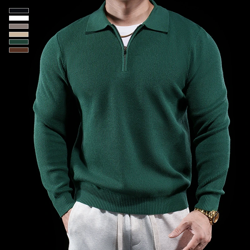 霸道肌肉 翻领男士半拉链针织衫秋冬新款休闲运动长袖纯色毛衣