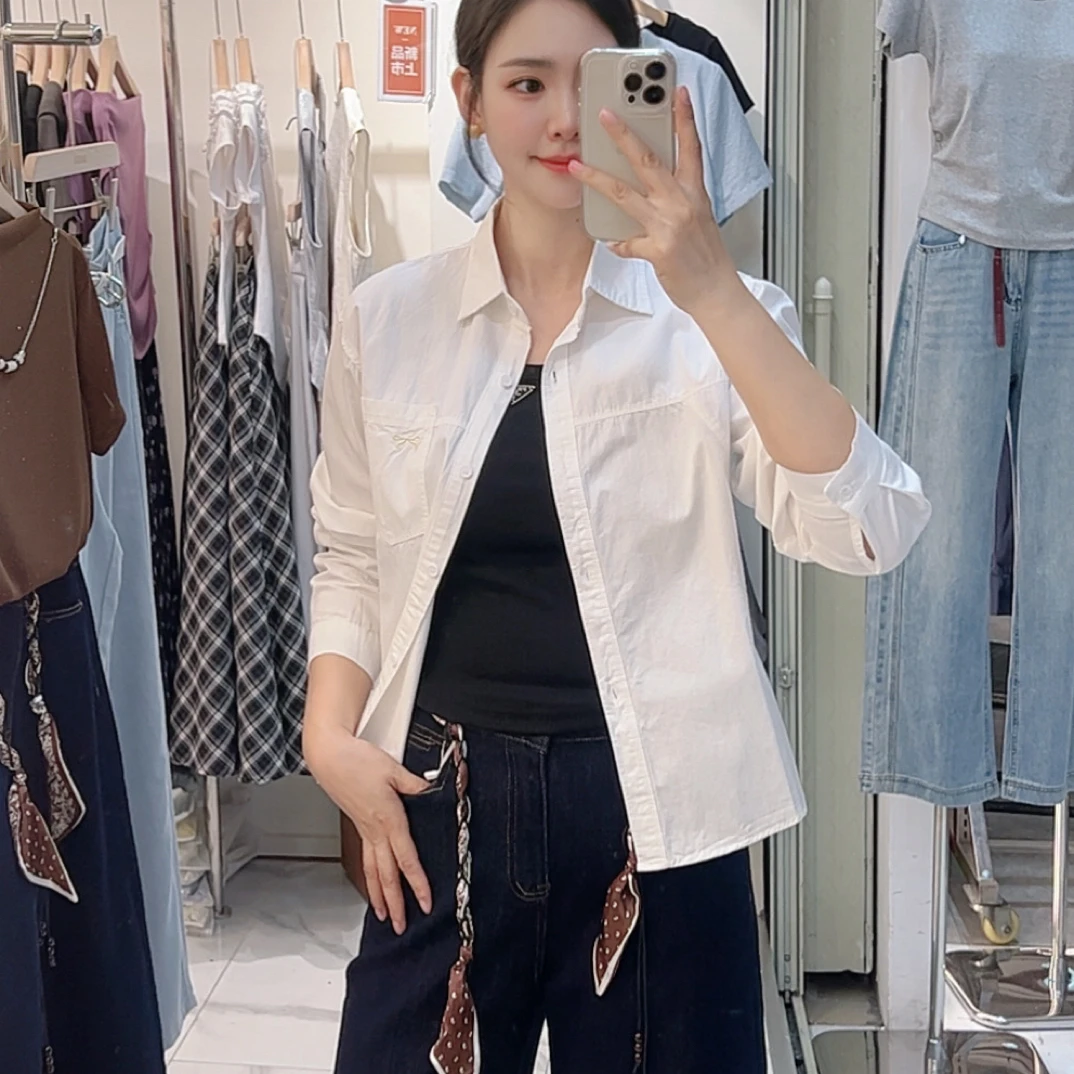 （时秀）纯棉衬衫女宽松百搭显瘦遮肉长袖薄款外套小个子女装必备