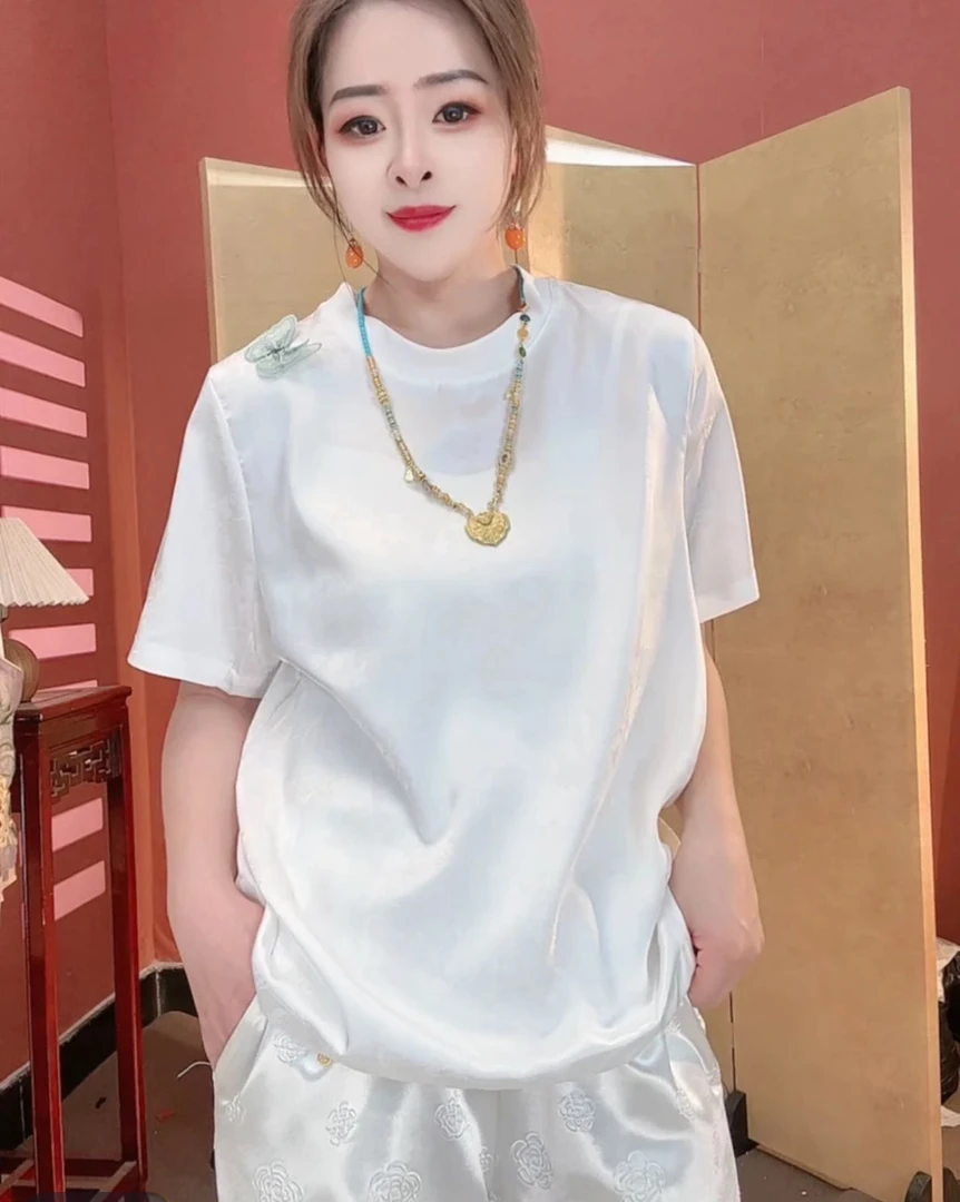 【蝶】国风缎面提花蝴蝶短袖T恤女时尚百搭圆领上衣女
