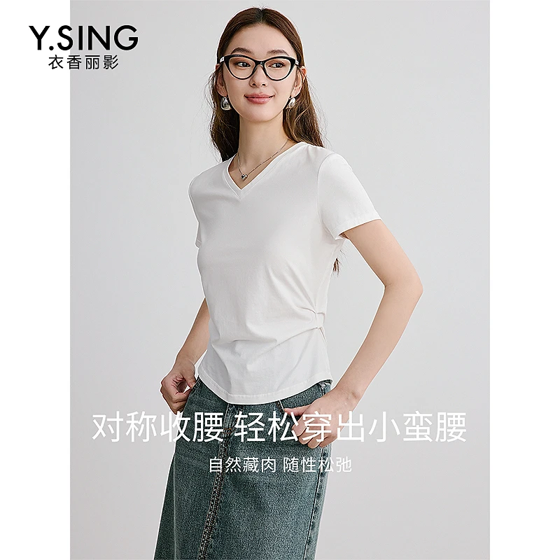 衣香丽影白色绣花短袖T恤女2025年春装新款设计感收腰正肩V领上衣