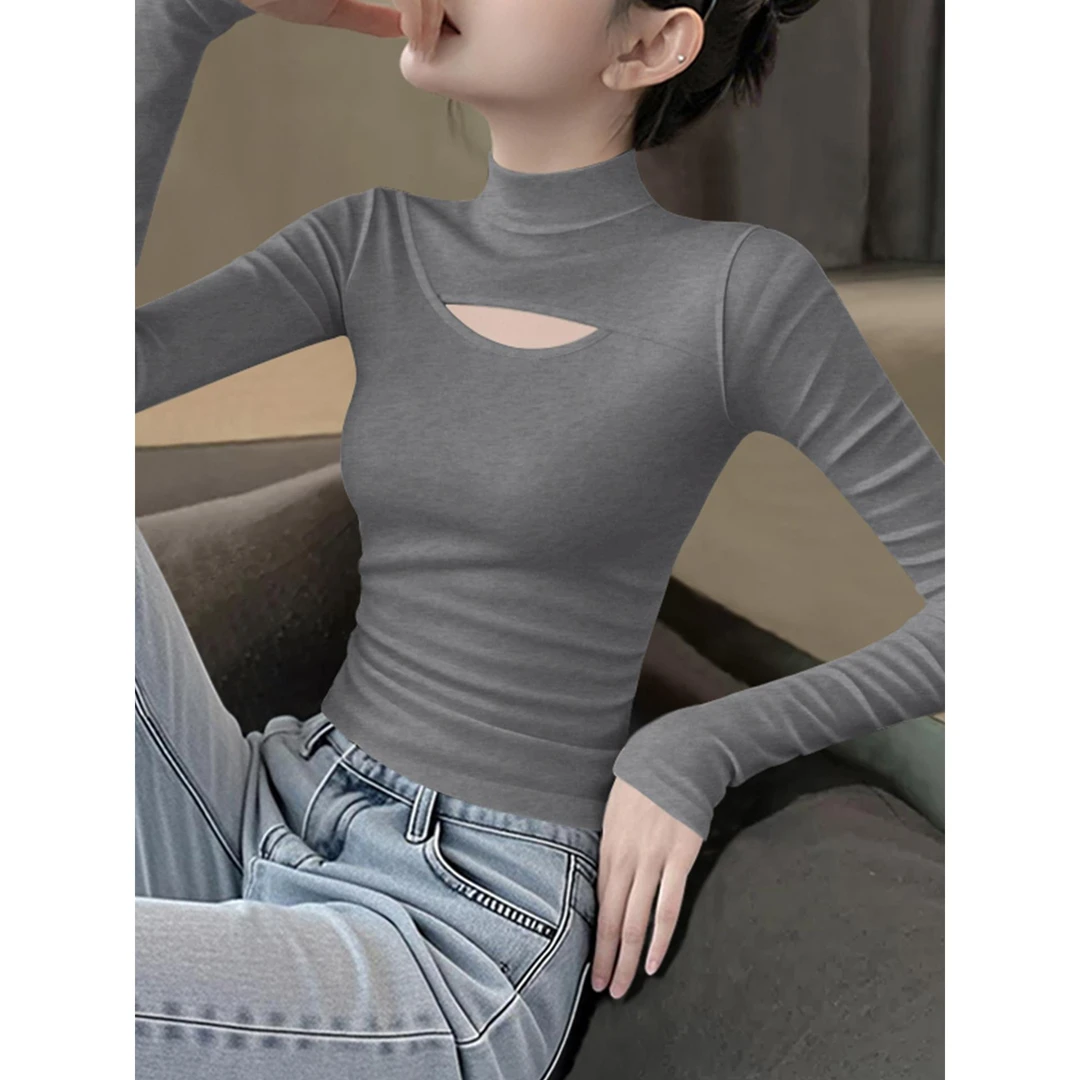 半高领镂空针织长袖打底衫女秋冬2025新款暗灰色百搭洋气修身上衣