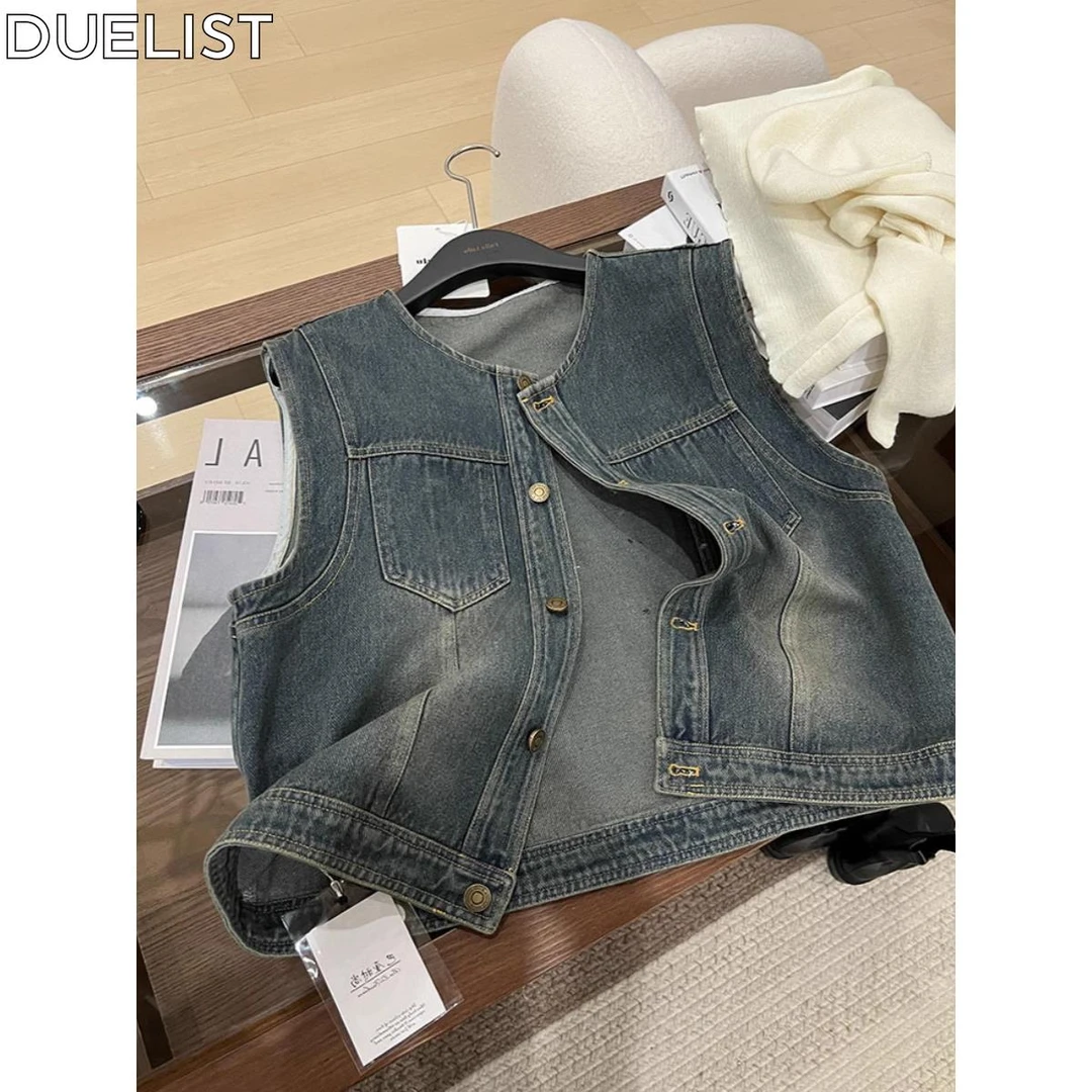 DUELIST多功能圆领单排扣牛仔背心秋女性时尚短背心无袖背心夹克