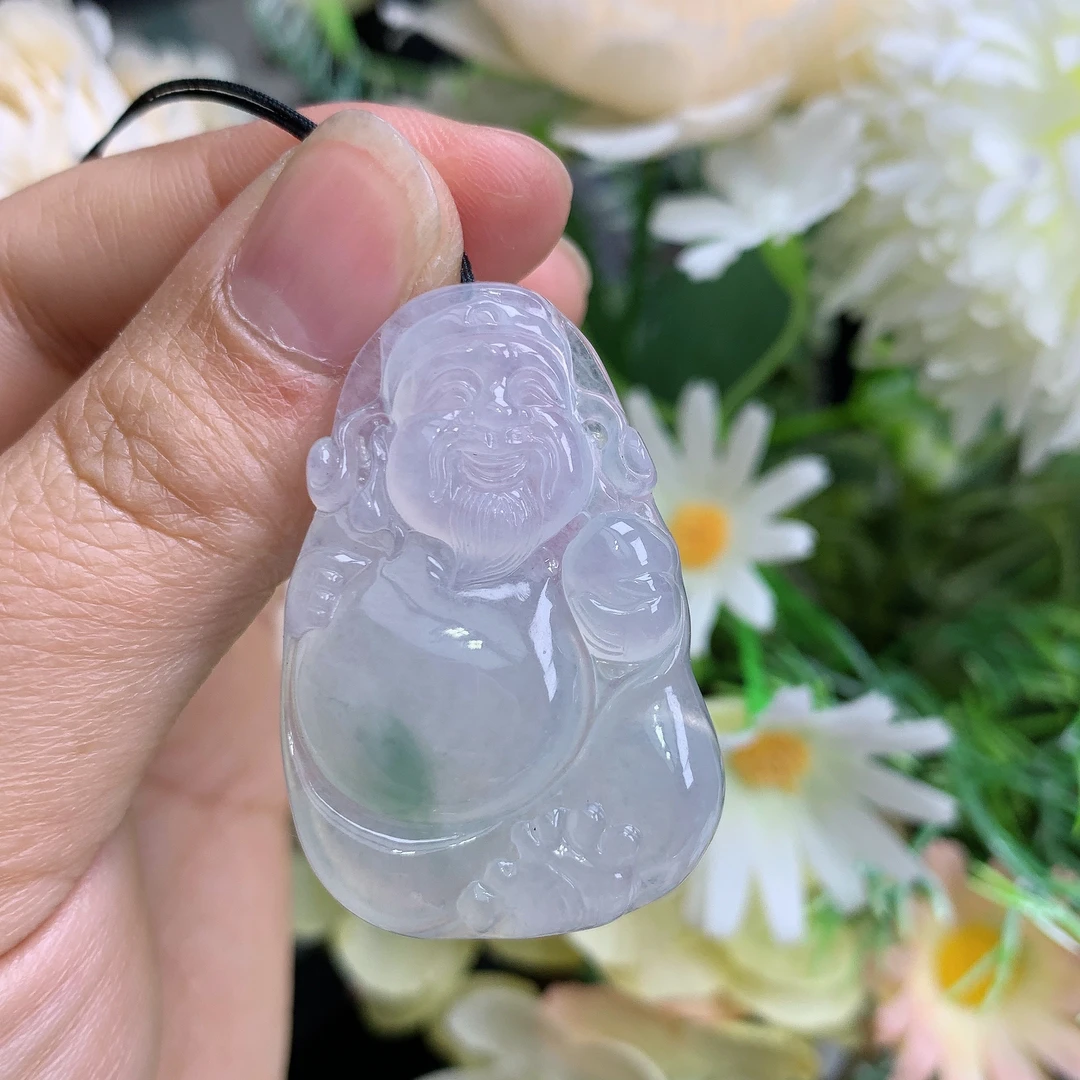 缅甸天然翡翠a货玉石冰种起胶飘花财神吊坠张尺寸40/26.5/6mm