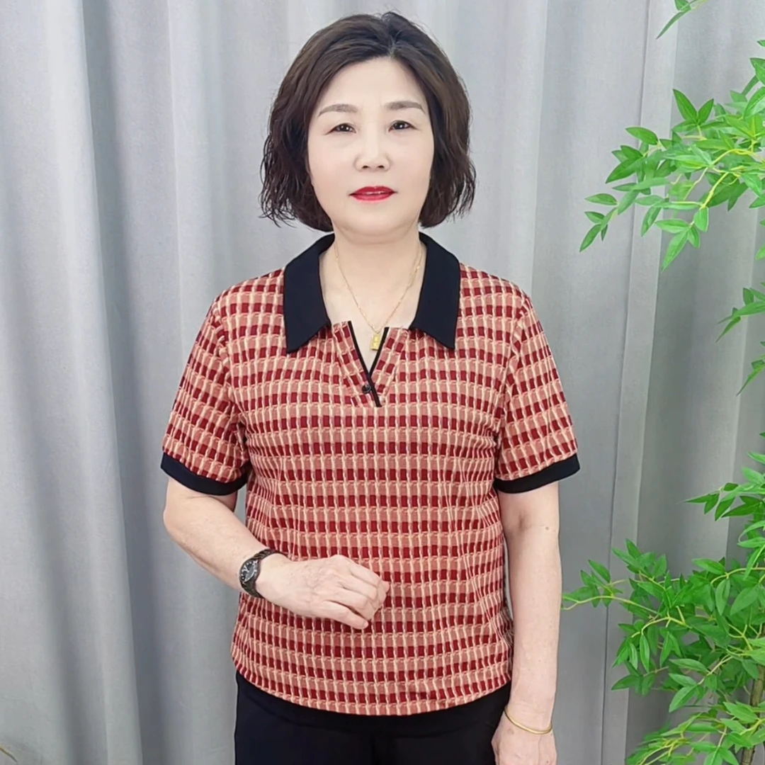 短袖时尚薄款翻领格子中老年女装百搭夏装休闲女装女士夏季V9817