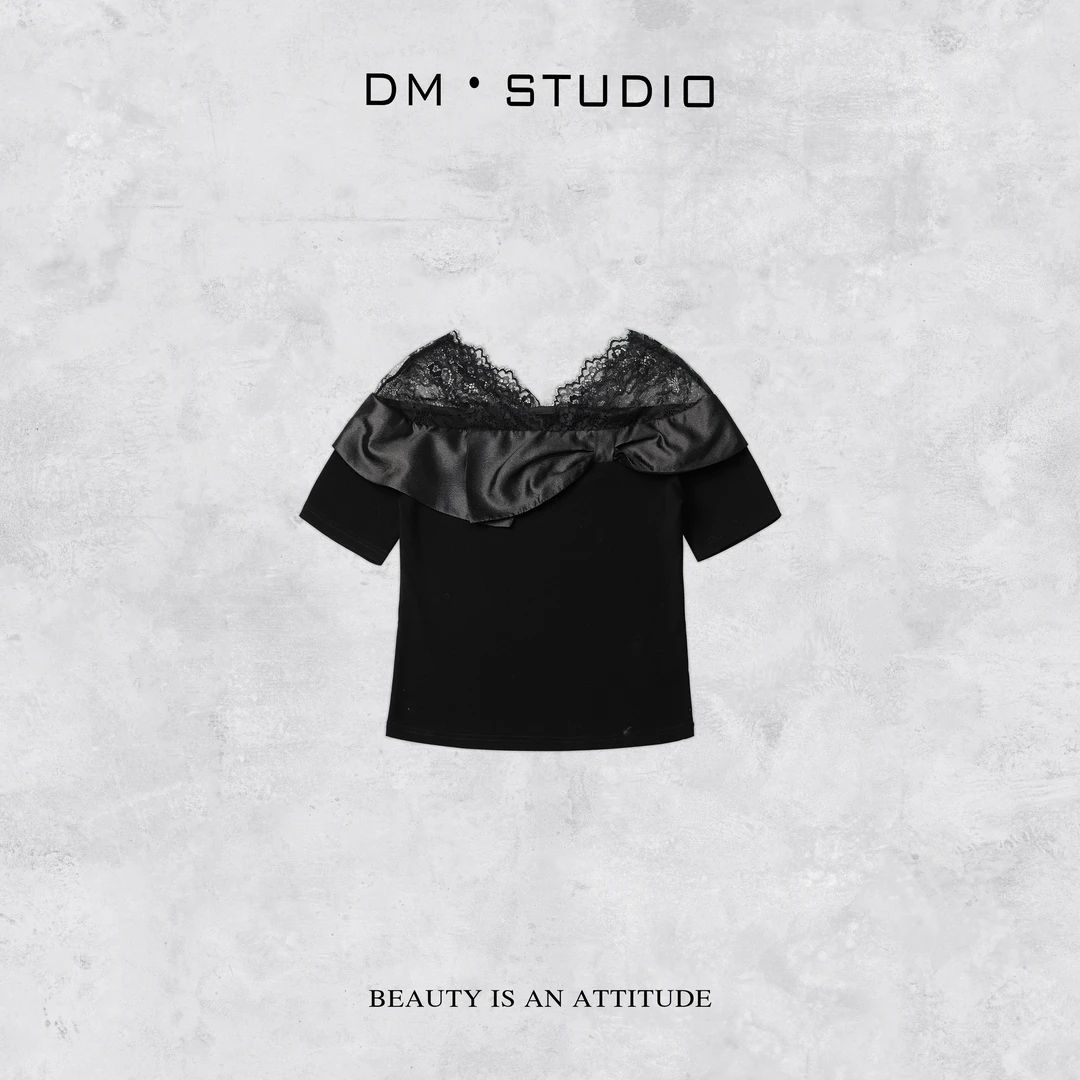 DEDM-DM•STUDIO/减龄气质精致荷叶边蕾丝短袖上衣T恤（28066）