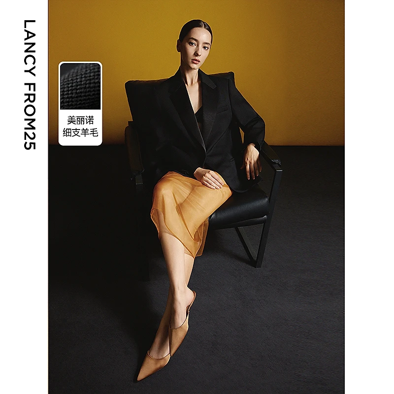 朗姿纯羊毛高级感黑色西装外套设计感通勤职业正装2025春新款西服