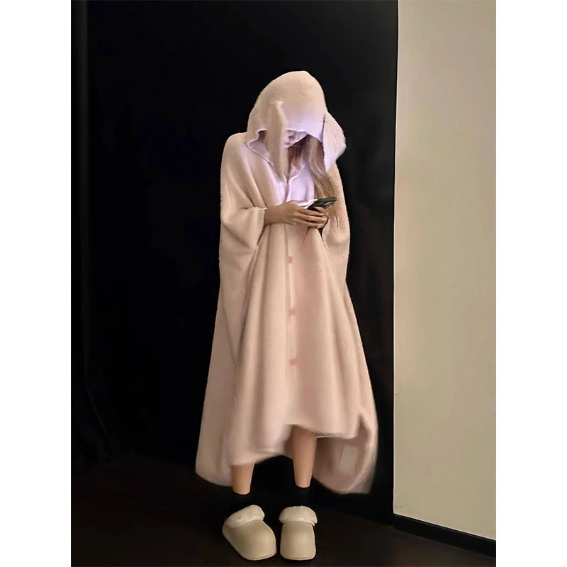 可爱兔耳朵连帽半边绒睡衣女秋冬季甜美少女开叉可外穿家居服睡袍