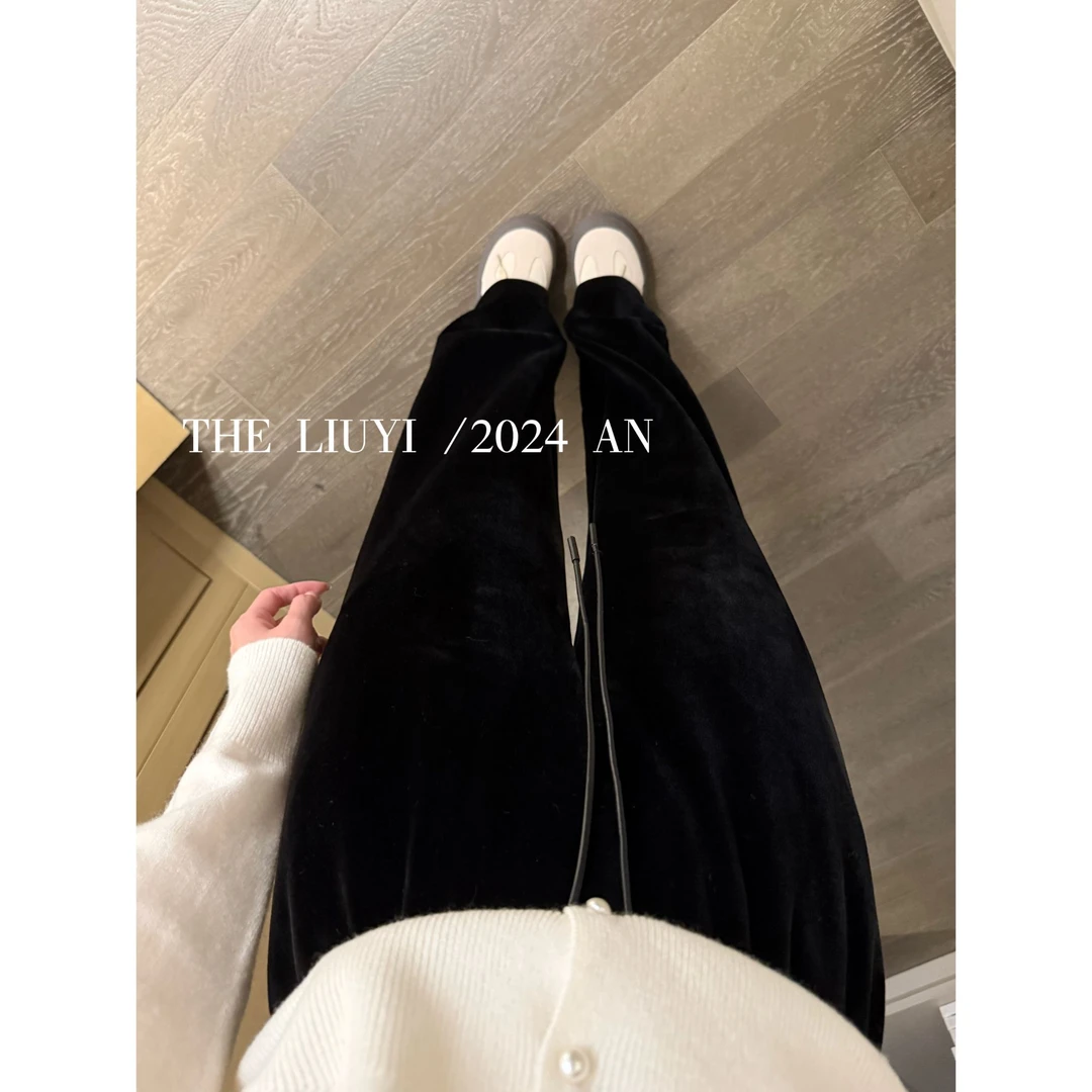 【LIUYI】黑松露~冬季高腰加绒窄版直筒丝绒裤410106