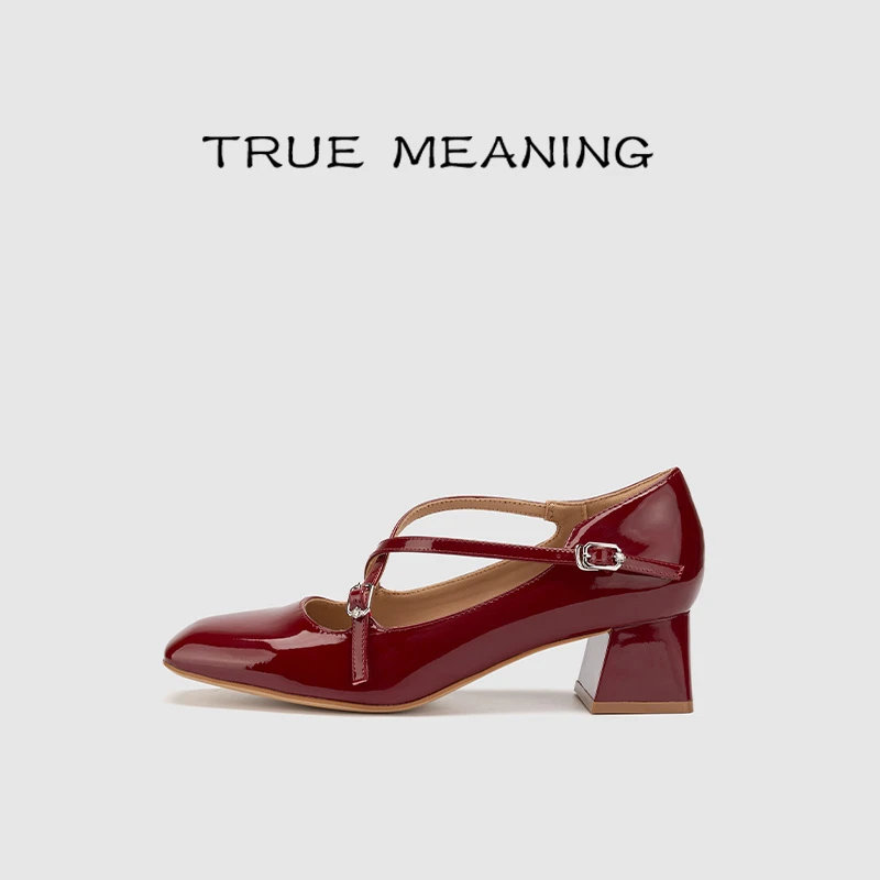 True Meaning2025欧若风羊皮玛丽珍低跟鞋方头浅口交叉带日常百搭