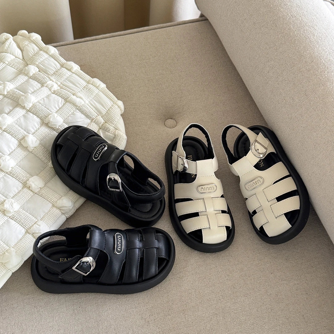 男韩版包头夏季沙滩鞋女童凉鞋学生小众软底罗马鞋复古平底