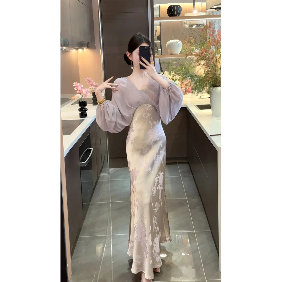 周粥女装铭顺-【紫萱】假两件提花缎面高腰斜裁连衣裙JJC5LYQ1496