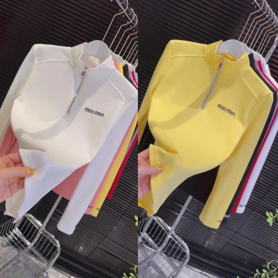 早春欧货2025半拉链刺绣打底衫女立领长袖显瘦减龄T恤上衣