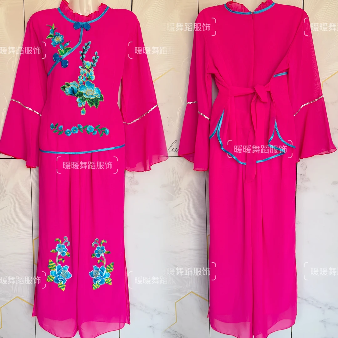 新款雪纺纱秧歌套裤薄款高档荷叶领喇叭袖刺绣东北秧歌开叉裤