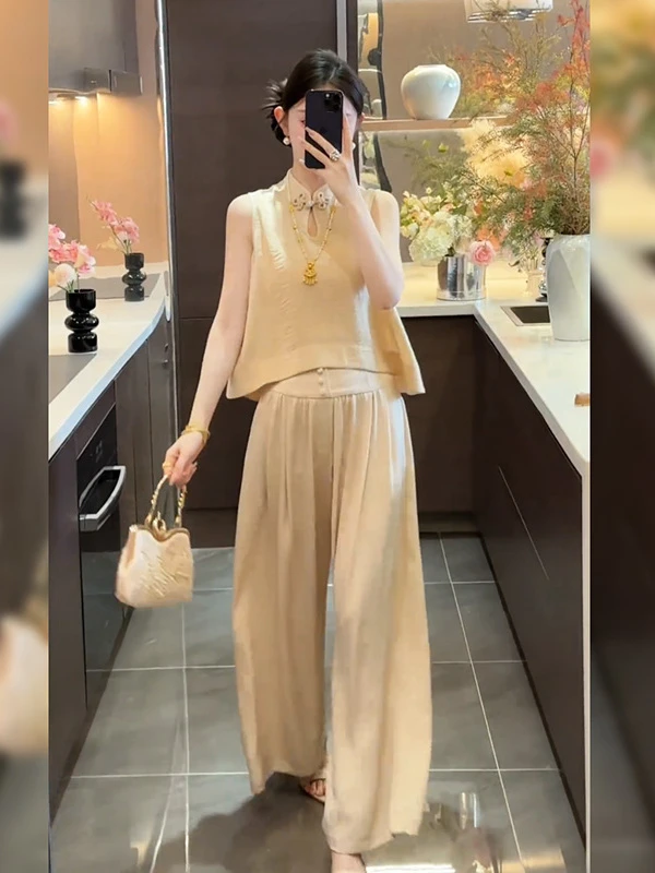 新中式休闲国风套装女2025夏季新款宽松无袖背心阔腿裤两件套女装