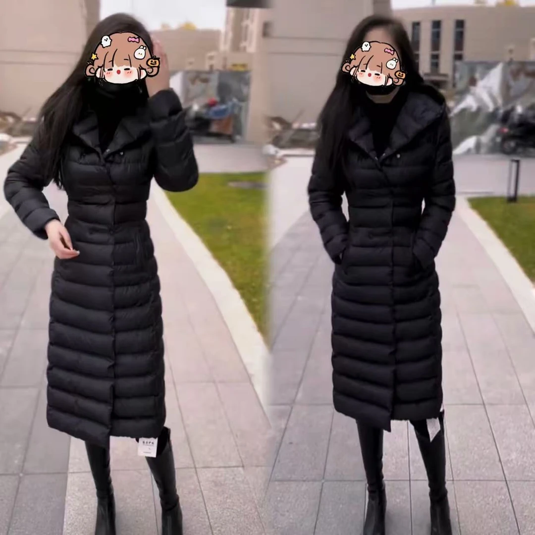 2025冬季新款气质时尚连帽收腰保暖长袖长款气质显瘦女士轻薄棉服