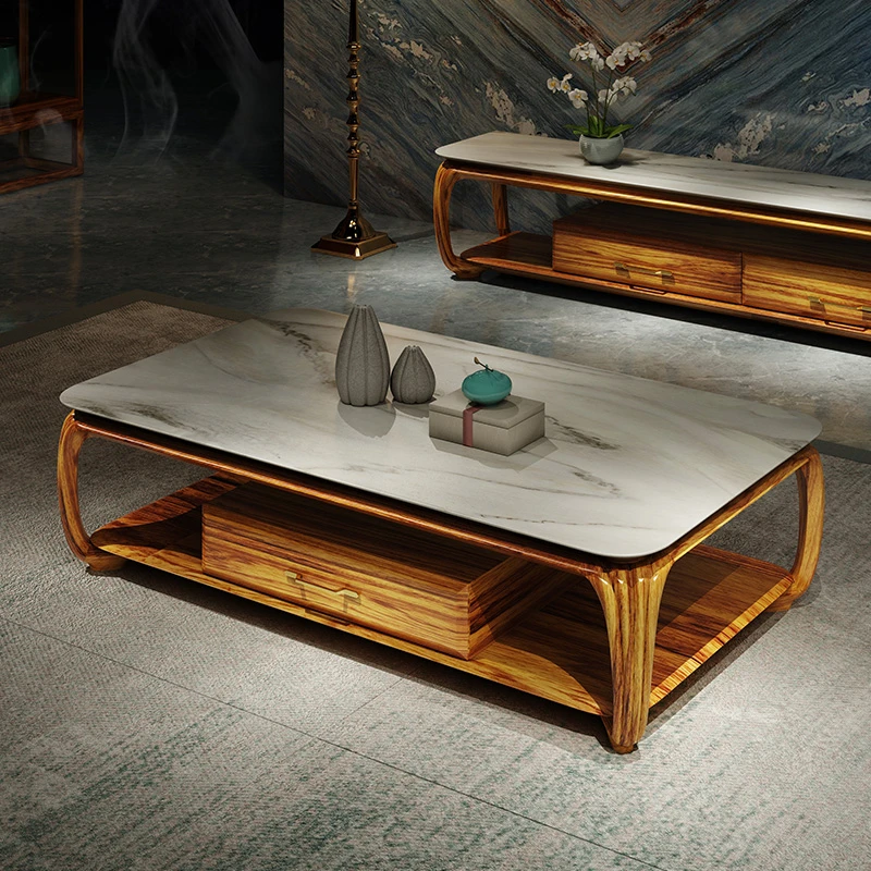 新中式乌金木茶几电视柜组合现代客厅家用大理石实木茶台高端家具
