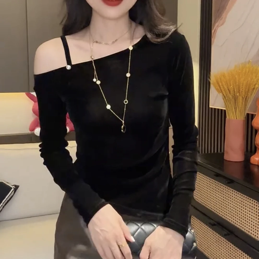 鑫长袖丝绒修身型甜辣修身秋冬半高领针织T恤设计感半圆领时尚ins