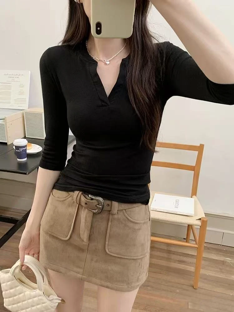 夏季韩系V领正肩收腰修身纯色中袖纯欲风辣妹气质显瘦设计感.9042