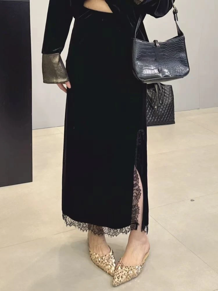 273362 薄款长裙蕾丝松紧带A字裙半身裙开叉百搭时尚