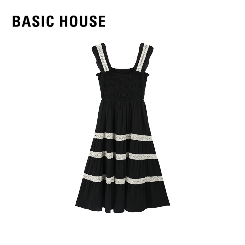 Basic House/百家好吊带设计师背带蕾丝边连衣裙B0823B58442