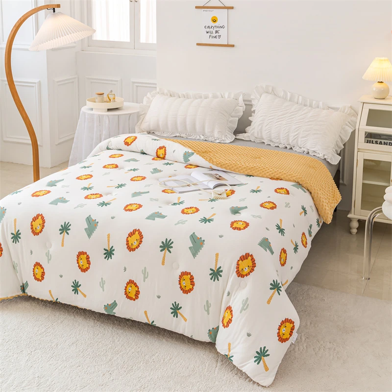 A类母婴级针织棉绒豆豆秋冬被加厚印花可机洗-清仓颜色随机