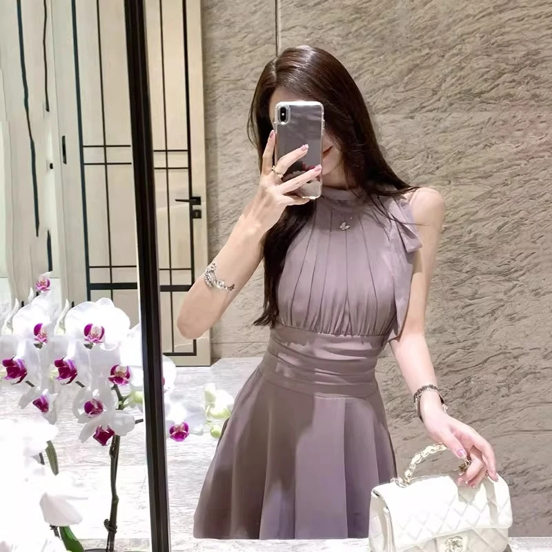 法式纯欲温柔紫色无袖雪纺连衣裙子女设计感收腰气质短裙夏季新款