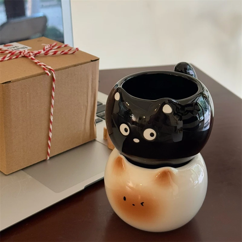 暹罗猫可爱小尾巴创意猫咪造型高颜值陶瓷杯子咖啡杯送人礼物情侣